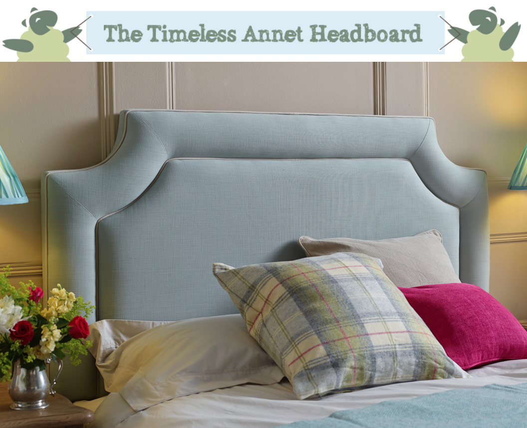 Classic Bordered Shape Annet Headboard in Pure Cotton Ice Blue with Contrast Piping in Pure Cotton Natural in a Farrow and Ball Oxford Stone painted room