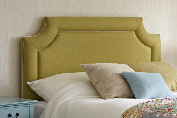 Classic Bordered Shape Annet Headboard in House Linen Kiwi Green with Contrast Piping in Pure Cotton Natural