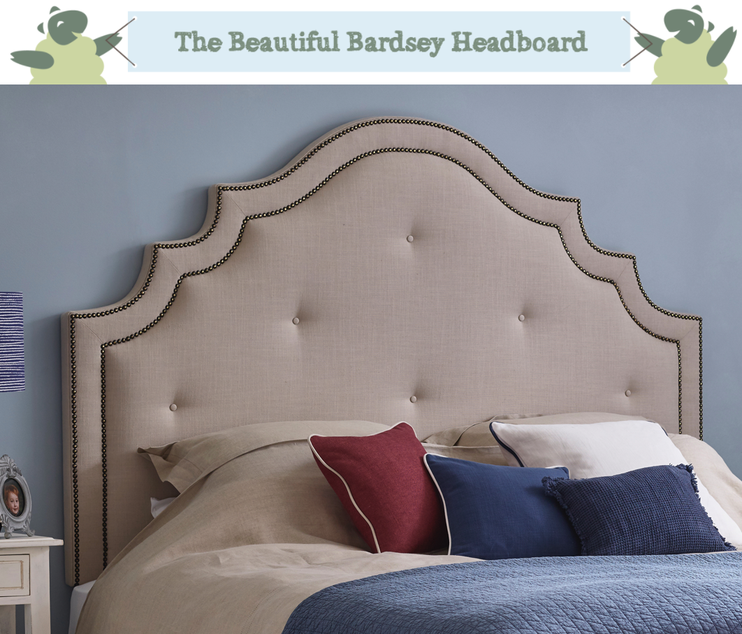 Ornate Curved Shape with Border and Buttons Bardsey Headboard upholstered in House Linen Stone Natural Fabric with Contrast Vintage Studs and Self Buttons in a Farrow and Ball Parma Grey painted room, coastal theme