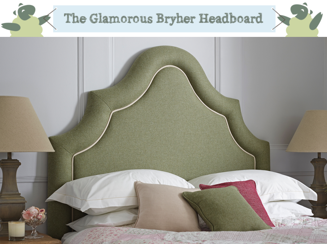 Ornate Curved Border Bryher Headboard upholstered in Pure Wool Plain Willow with Contrast Piping in Pure Cotton Natural