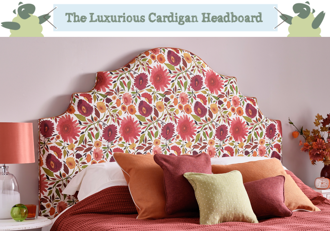 Ornate Curved Shape Cardigan Headboard upholstered in Zinnias Linen Autumn Red Floral Fabric with Contrast Piping in Pure Cotton Rust in a Farrow and Ball Elephants Breath painted room