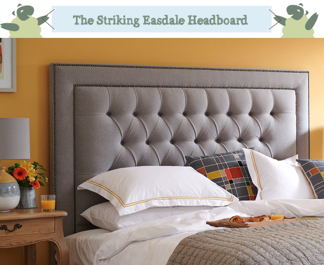 Deep Buttoned With Studded Border Easdale Headboard upholstered in Wool Plain Mid Grey with Vintage Studs and Self Buttoning, in a Farrow and Ball Sudbury Yellow Room
