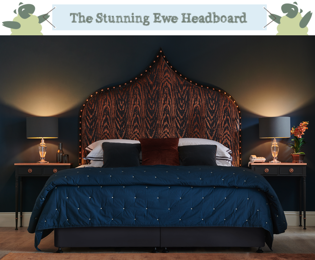 Pointed Teardrop Curved Style Ewe Headboard upholstered in Kai Marva Copper with a Frame Border in Flat Velvet Anthracite with Giant Copper Nails in a Farrow & Ball Hague Blue painted room