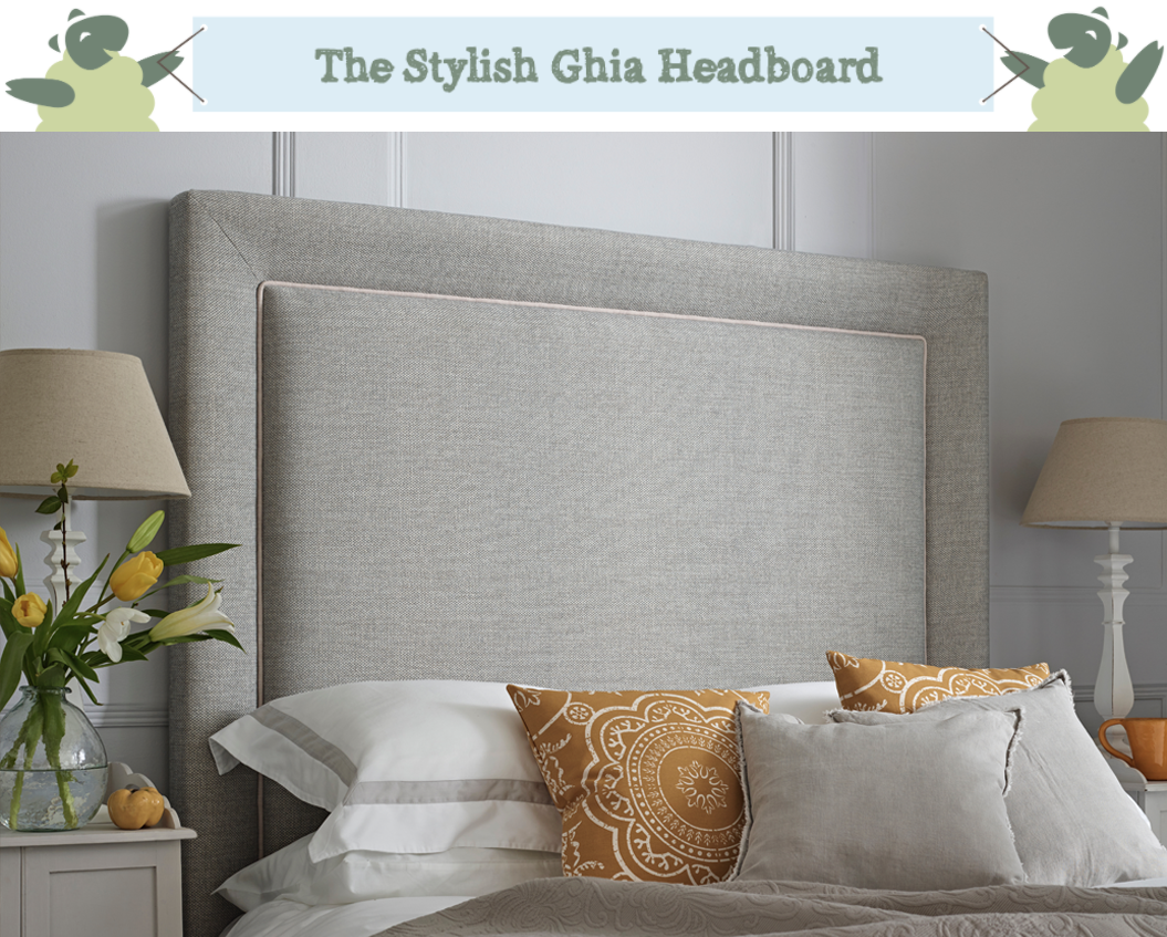 Ghia Padded Bordered Headboard upholstered in Basket Weave Sky Grey with Contrast Piping in Pure Cotton Natural with Yellow Cushions