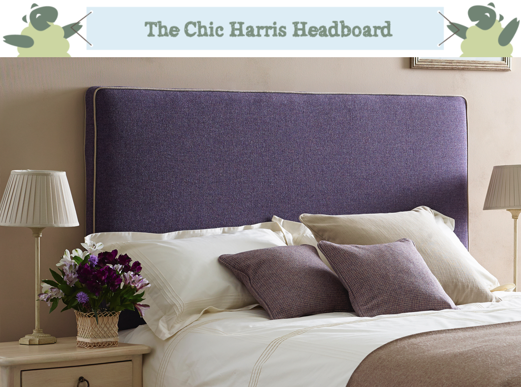 Removable Cover Harris Headboard upholstered in Tweed Purple Heather, Contrast Piped in Pure Cotton Natural
