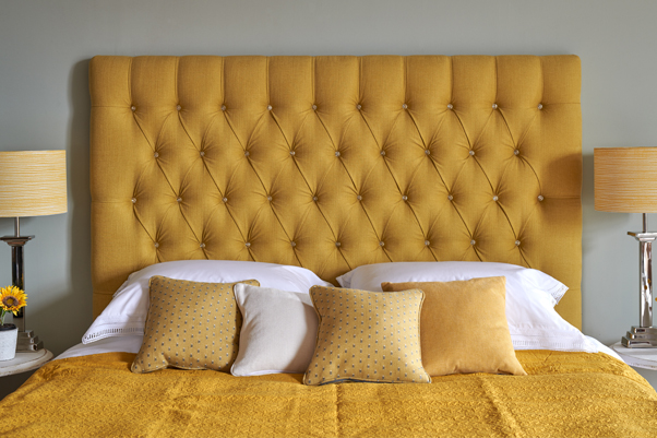 Mustard Yellow Iona Deep Buttoned Headboard in Brushed Linen Iora with Swarovski Crystal Buttoning