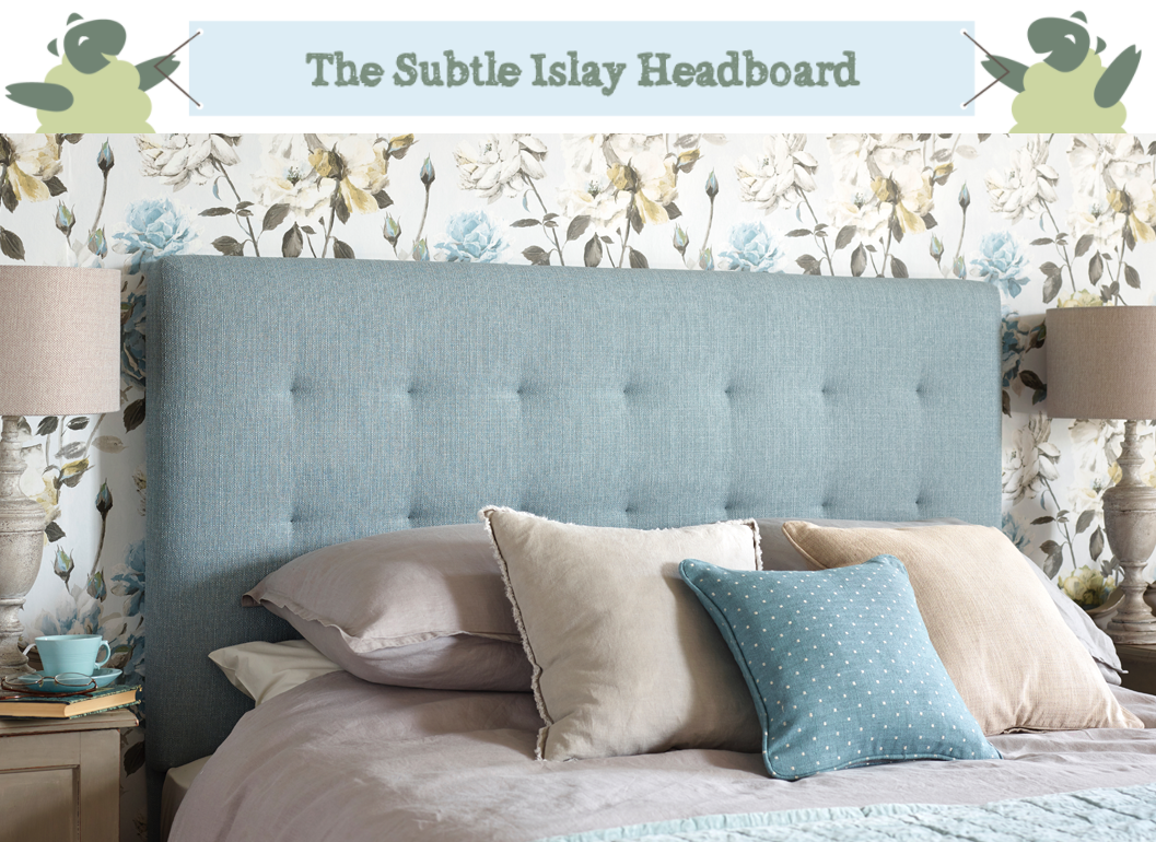 Islay Square Tufted Headboard upholstered in Textured Weave Duck Egg, with subltle pulls, shown in a blue and white floral wallpapered room