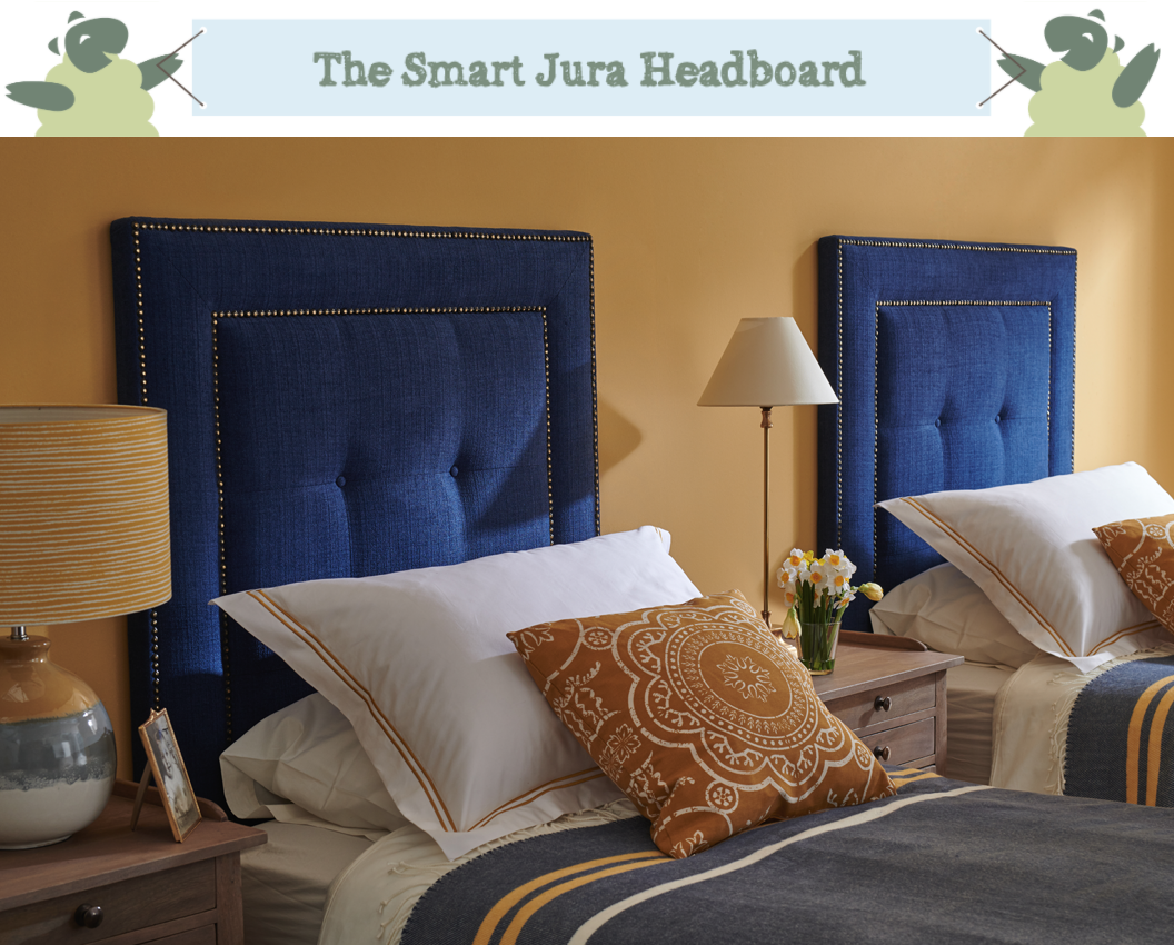 Studded Border Jura Headboard upholstered in House Chenille Sapphire, with Vintage Studs and Self Buttoning in a Farrow & Ball Sudbury Yellow Painted Room