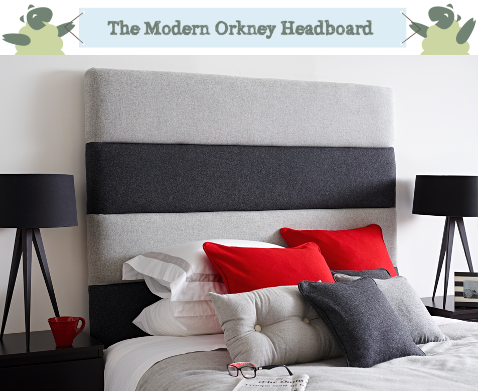 Contemporary Monochrome Panelled Orkney Headboard upholstered in Wool Plain Mid & Dark Grey in a Farrow & Ball All White painted room