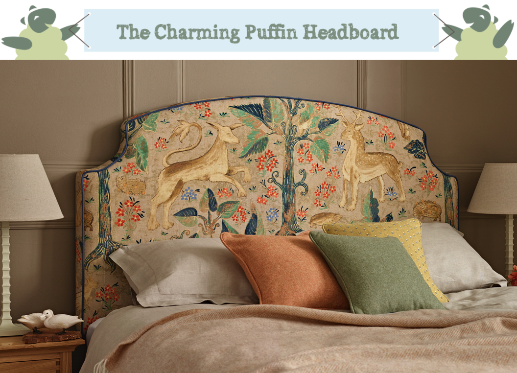 Cottage Style Arched Curve Puffin Headboard upholstered in Zoffany Arden Fabric with Contrast Piping in Navy in a Farrow and Ball Mouse's Back painted room