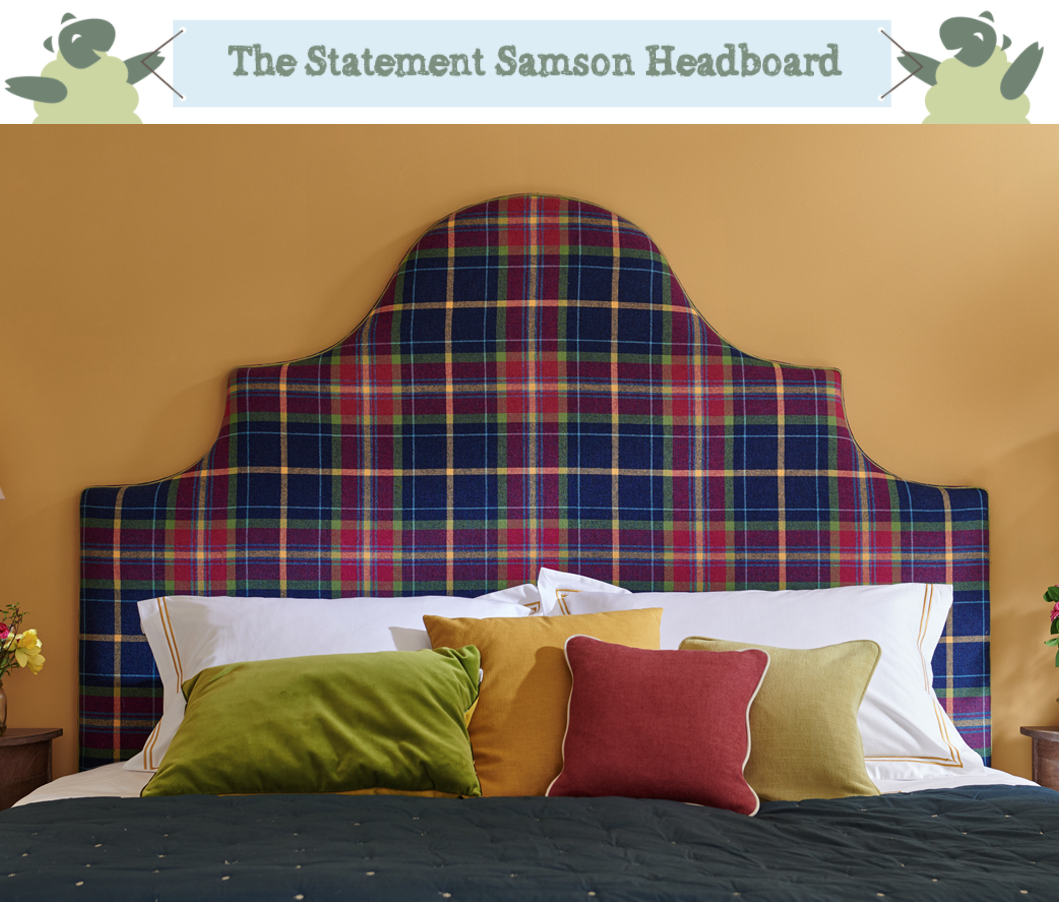 Ornate Curved Shape Samson Headboard upholstered in Highland Pure Wool Check Navy, Aubergine, Red, Lime, Mustard Yellow, with Contrast Piping in Highland Plain Olive Green in a Farrow and Ball Sudbury Yellow painted room