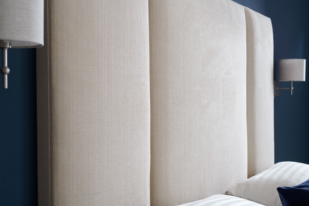 Contemporary Fluted Tiree Headboard upholstered in House Chenille Stone