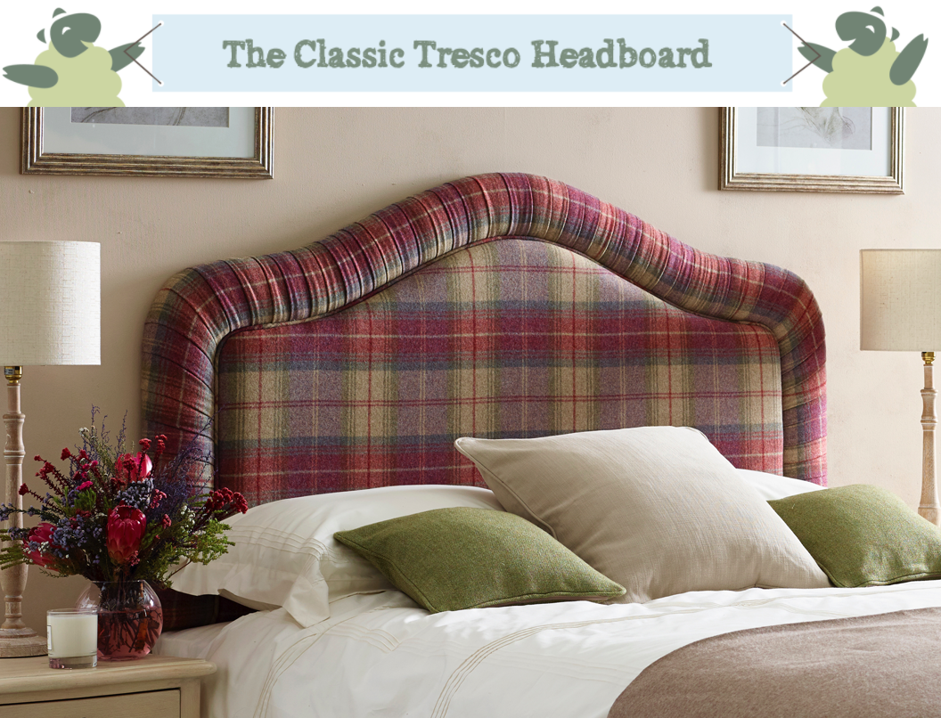 Tresco Classic Curved Pleated Headboard upholstered in Pure Wool Plaid Aubergine Purple in a Farrow and Ball Oxford Stone painted room