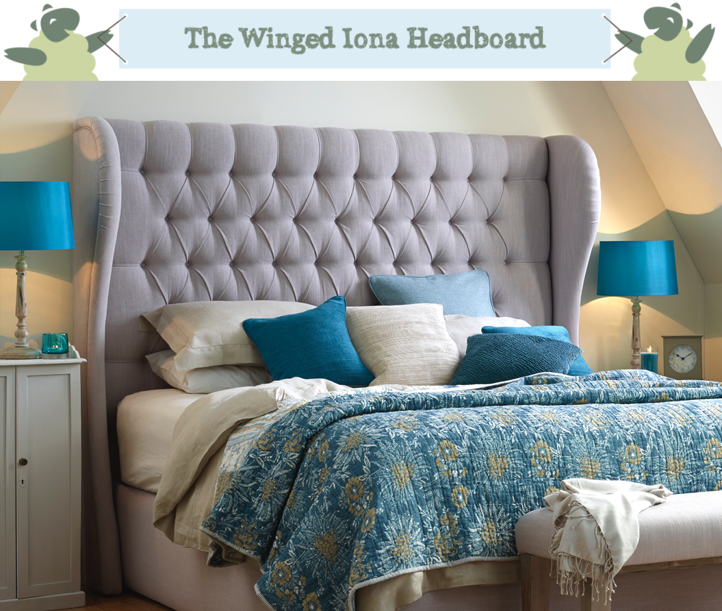 Winged Iona Deep Buttoned Headboard in Light Grey Weave