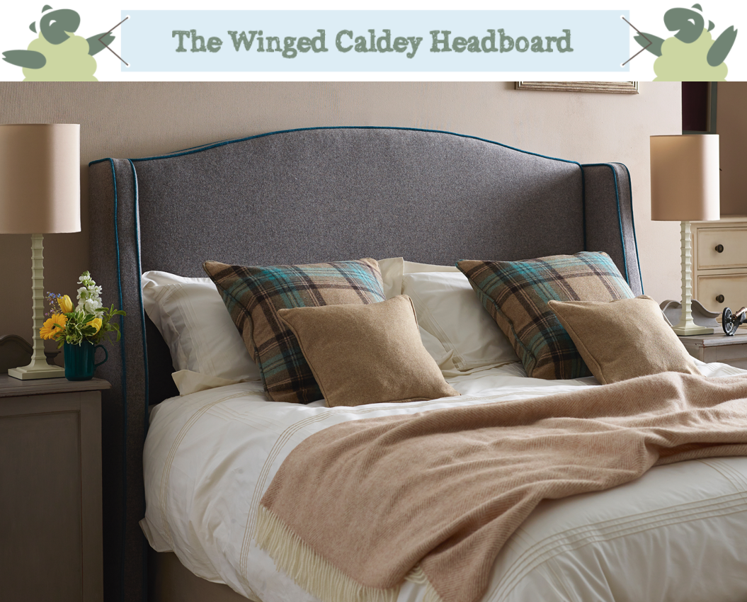 Winged Caldey Headboard upholstered in Wool Plain Mushroom with Contrast Piping in House Weave Teal
