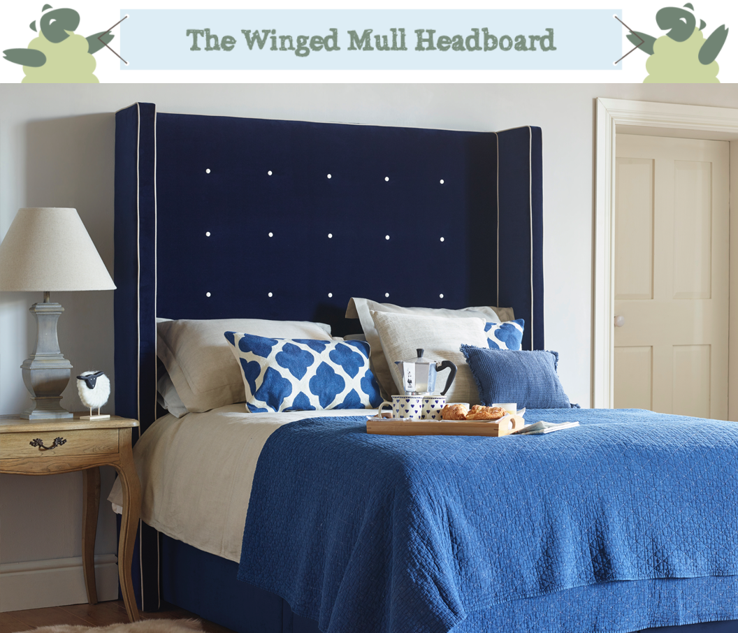 Winged Mull Shallow Buttoned Headboard in Flat Velvet Navy with Contrast Piping and Buttoning in Snow