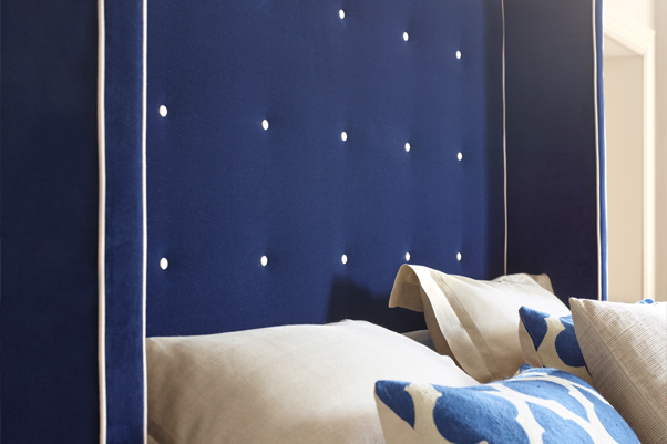Winged Mull Shallow Buttoned Headboard in Flat Matt Velvet Navy with Contrast Piping and Buttoning in Snow