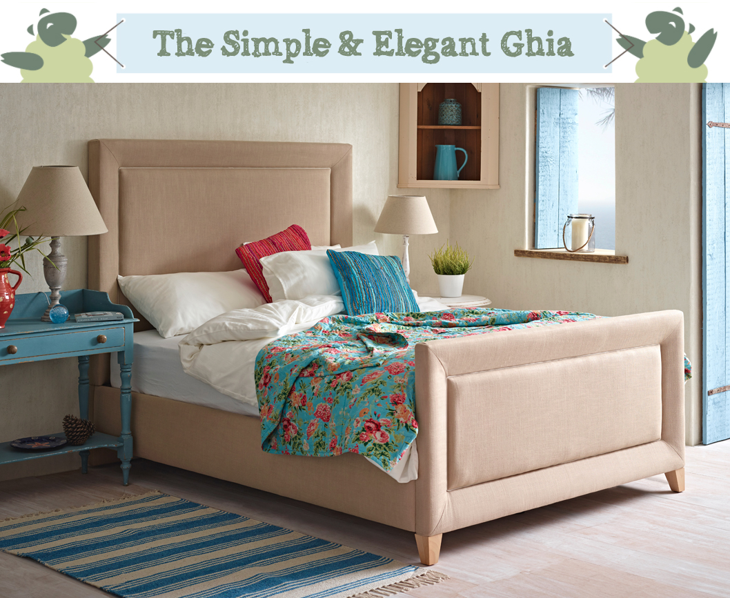 Ghia Bordered and Padded Bed upholstered in House Linen Sand in a beach side house