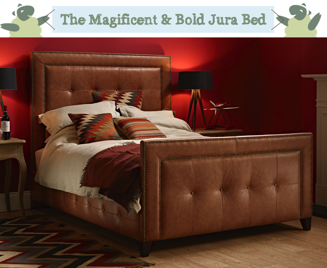 Jura Studded & Panelled Bed upholstered in Antique Matt Leather Honey in a Farrow & Ball Rectory Red painted room