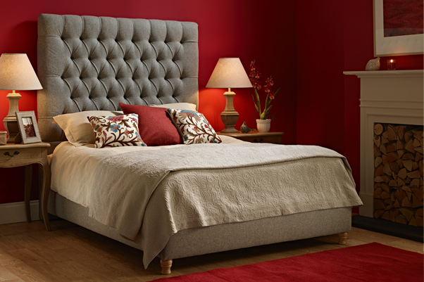 Lismore Deep Buttoned Bed in Pure Wool Mid Grey in a Farrow and Ball Rectory Red painted room