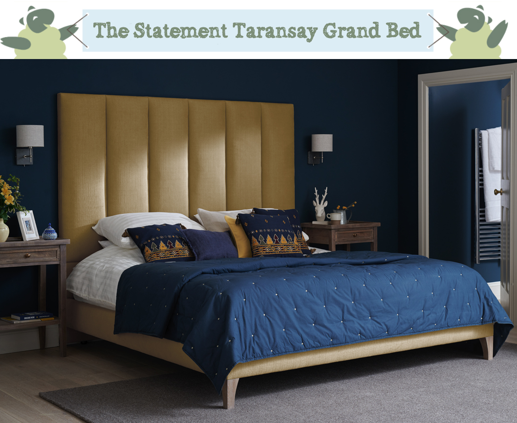 Fluted Contemporary Taransay Grand Bed upholstered in House Chenille Mustard in a Farrow and Ball Hague Blue painted room