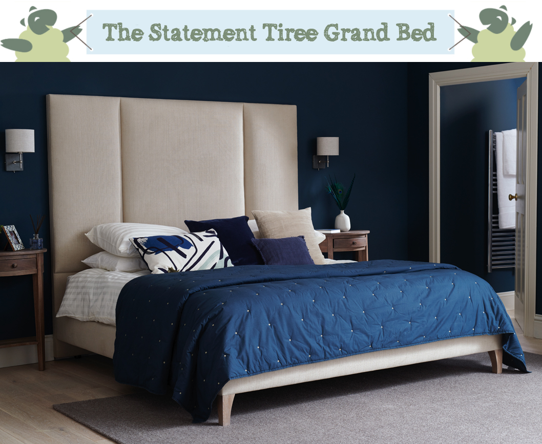 Panelled Contemporary Tiree Grand Bed upholstered in House Chenille Stone in a Farrow and Ball Hague Blue painted room