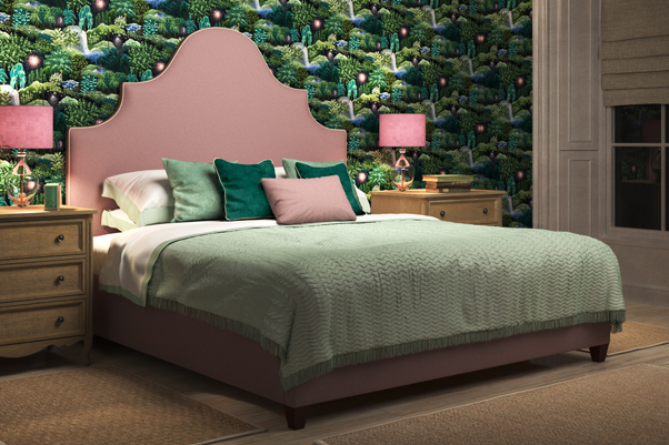 Samson Bed upholstered in Faux Wool Blossom, contrast piped in House Cotton Vanilla, with Linwood Nightfall wallpaper