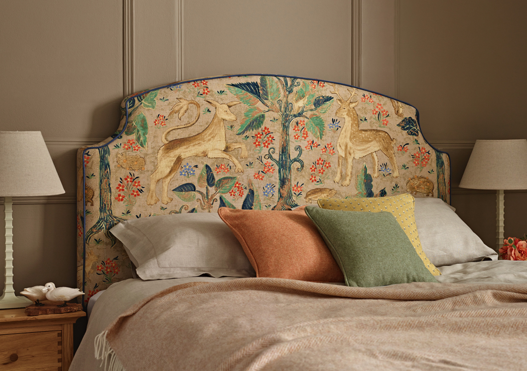 Puffin Curved Headboard in Zoffany Arden Tapestry with contrast piping