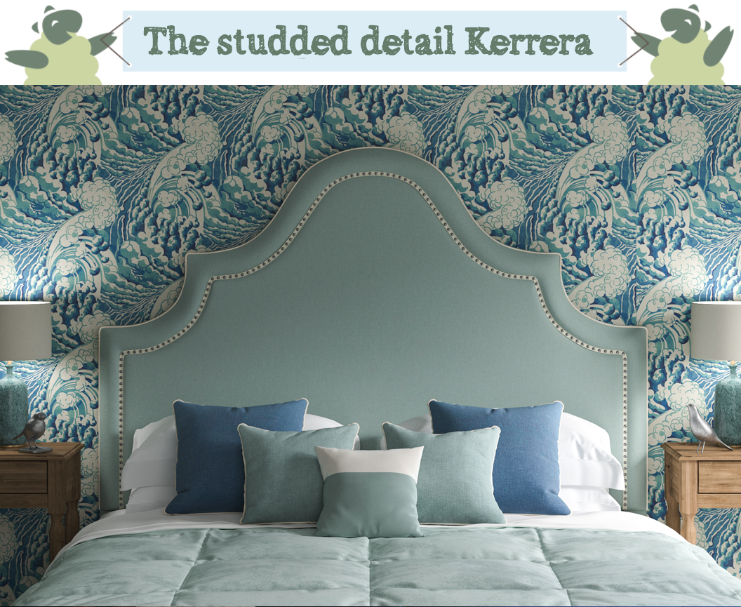 Kerrera Curved Keystone Shape Headboard in House Cotton Peppermint with inset chrome nailed ivory braid, against Linwood wave sea wallpaper