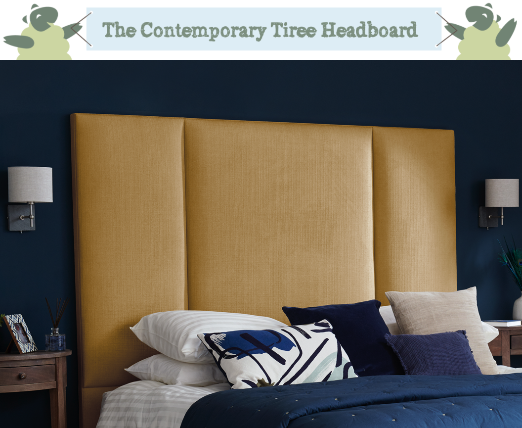 Contemporary Fluted Tiree Headboard upholstered in Basket Weave Natural in a Farrow & Ball Mouse's Back painted room